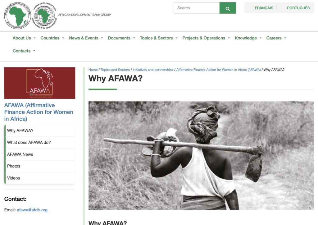 Page de l'initiative AFAWA de la Banque africaine de développement pour le financement des femmes entrepreneures