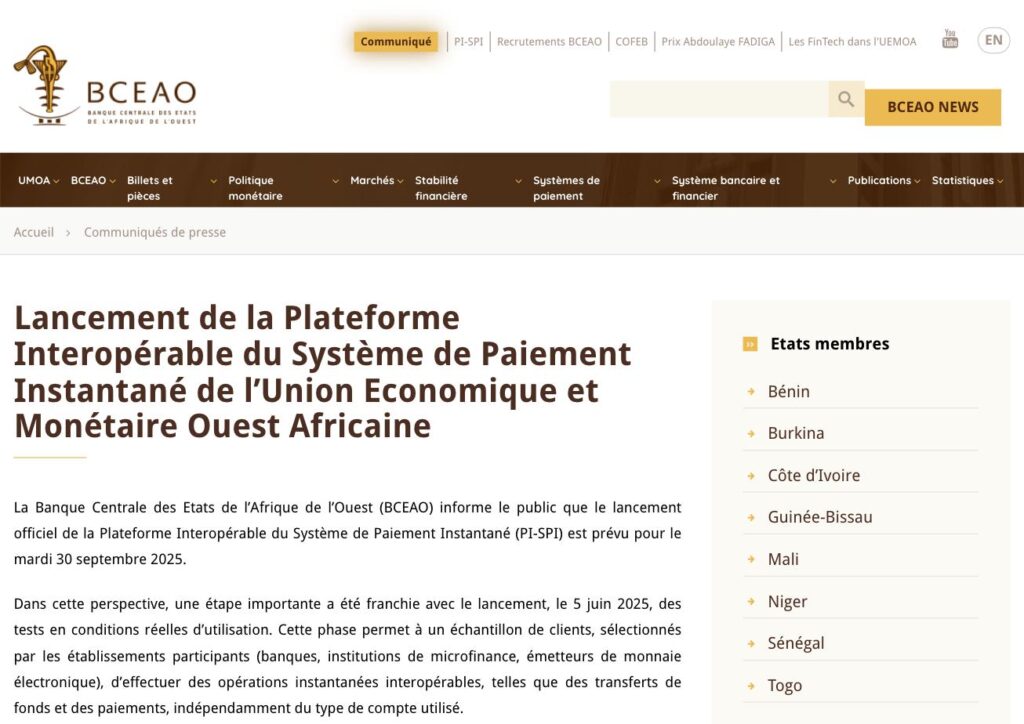 Communiqué de la BCEAO annonçant le lancement de la plateforme interopérable de paiement instantané PI-SPI dans l'UEMOA Communiqué de la BCEAO annonçant le lancement de la plateforme interopérable de paiement instantané PI-SPI dans l'UEMOA
