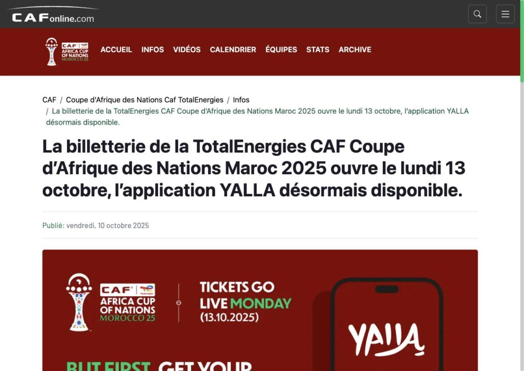 Annonce officielle de la CAF : billetterie de la CAN 2025 au Maroc et application YALLA pour le Fan ID Annonce officielle de la CAF : billetterie de la CAN 2025 au Maroc et application YALLA pour le Fan ID