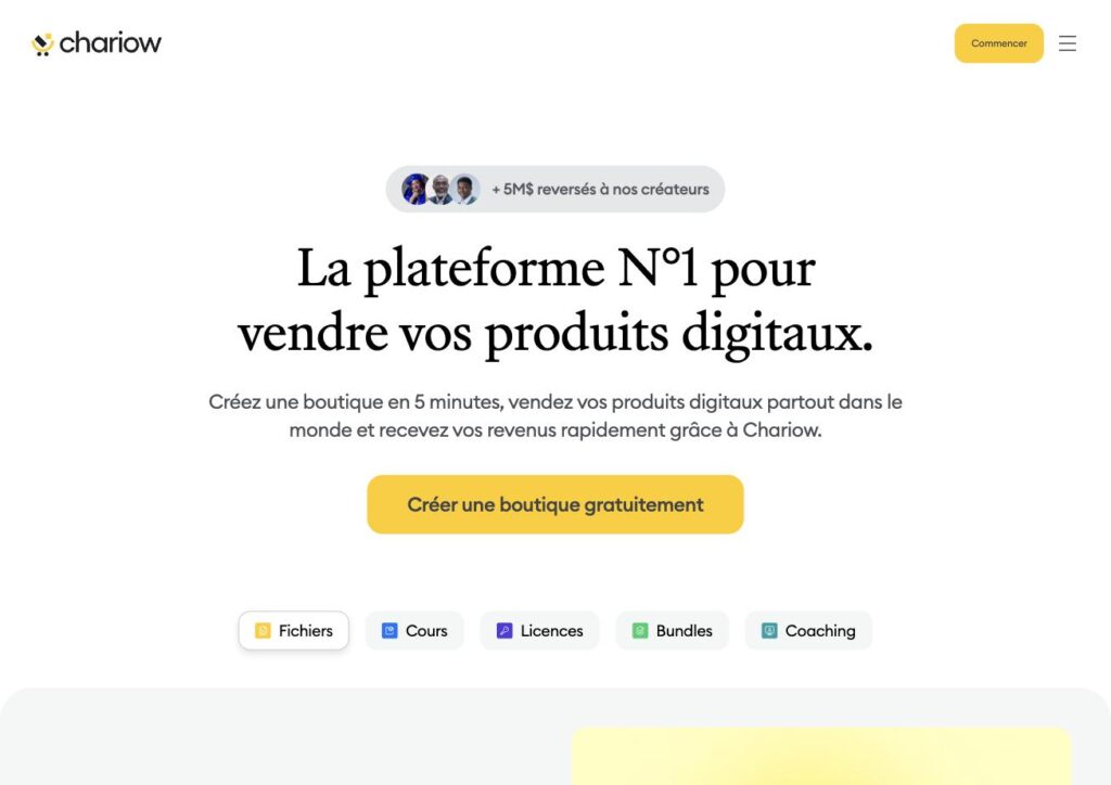 Chariow : page d'accueil pour créer une boutique de produits digitaux