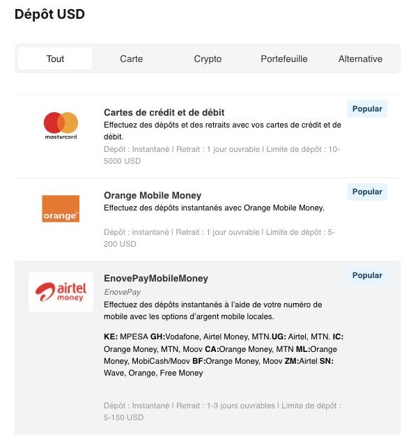 Moyens de dépôt Deriv depuis la Côte d'Ivoire : cartes, Orange Mobile Money et Mobile Money MTN, Moov, Wave Moyens de dépôt Deriv depuis la Côte d'Ivoire : cartes, Orange Mobile Money et Mobile Money MTN, Moov, Wave