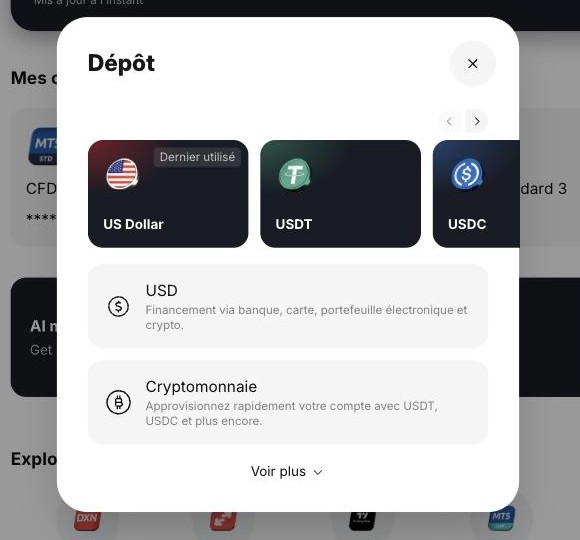 Fenêtre de dépôt Deriv : dépôt en US Dollar, USDT ou USDC Fenêtre de dépôt Deriv : dépôt en US Dollar, USDT ou USDC