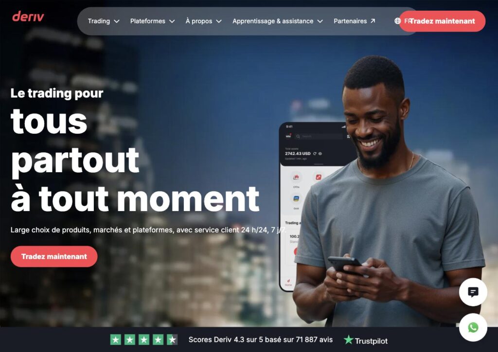 Page d'accueil officielle de Deriv : le trading pour tous, partout, à tout moment Page d'accueil officielle de Deriv : le trading pour tous, partout, à tout moment