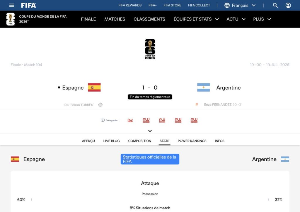 Page officielle de la FIFA : finale de la Coupe du monde 2026, Espagne 1-0 Argentine