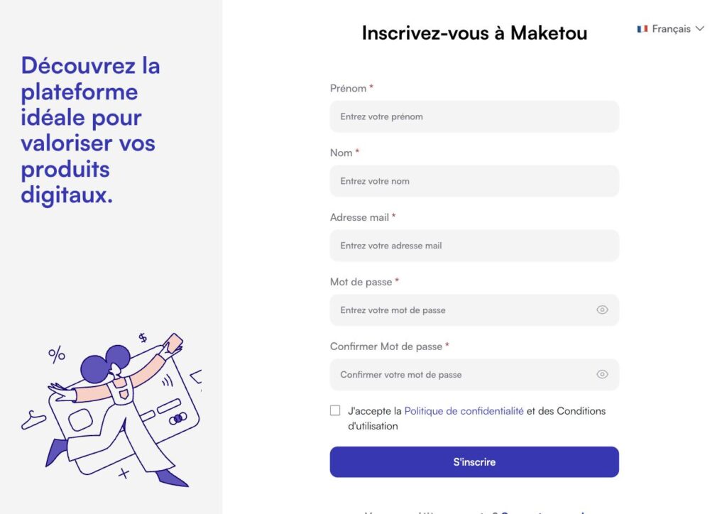Maketou : page d'inscription pour créer un compte vendeur