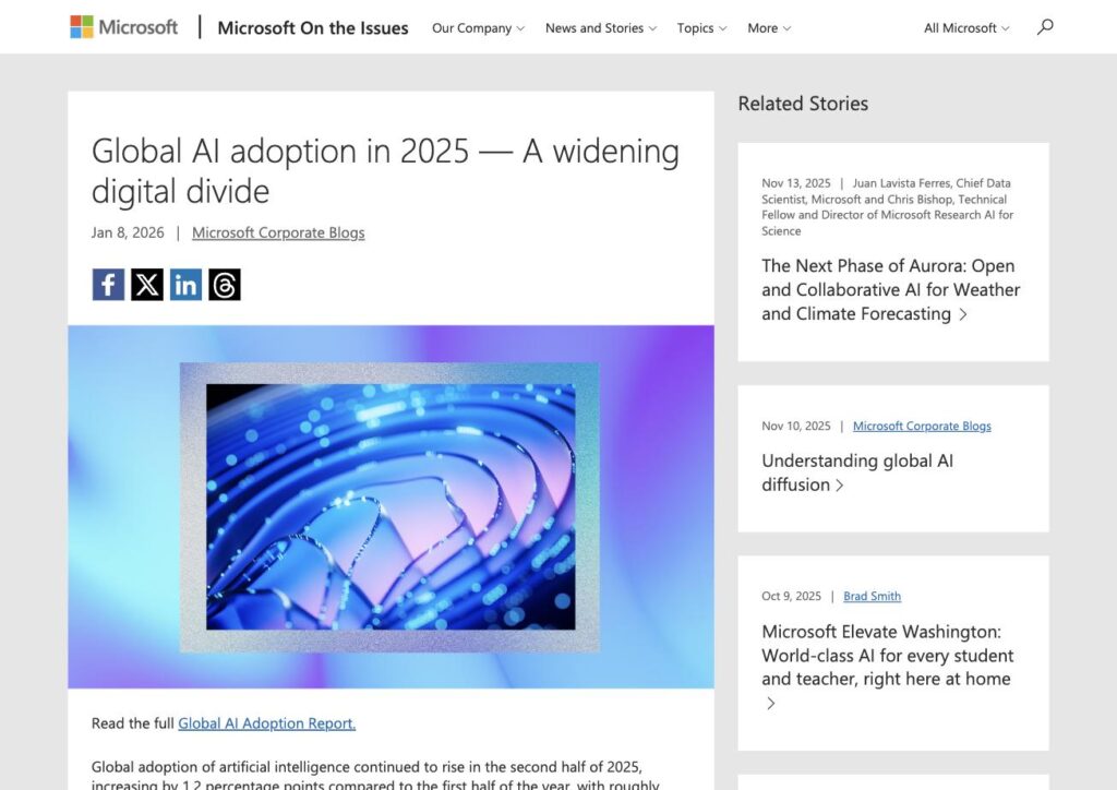 Publication officielle de Microsoft sur l'adoption mondiale de l'intelligence artificielle en 2025