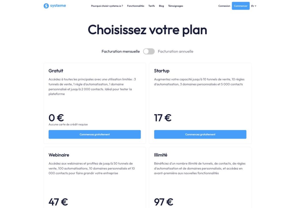 Page des tarifs Systeme.io en 2026 : plans Gratuit, Startup, Webinaire et Illimité Page des tarifs Systeme.io en 2026 : plans Gratuit, Startup, Webinaire et Illimité