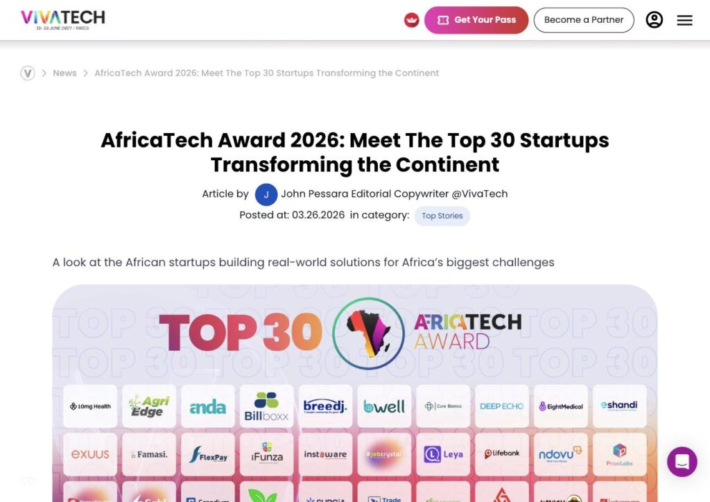 Page officielle de VivaTech présentant le Top 30 de l'AfricaTech Award 2026