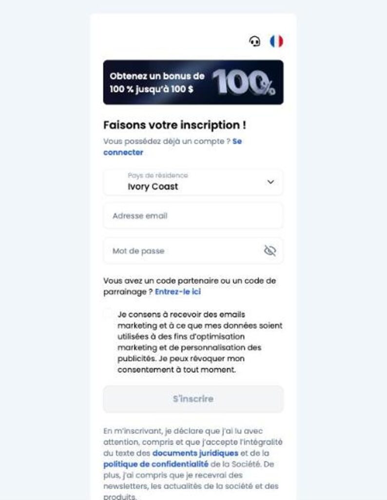 Formulaire d'inscription officiel XM avec pays de résidence, e-mail, mot de passe et bonus de 100 %