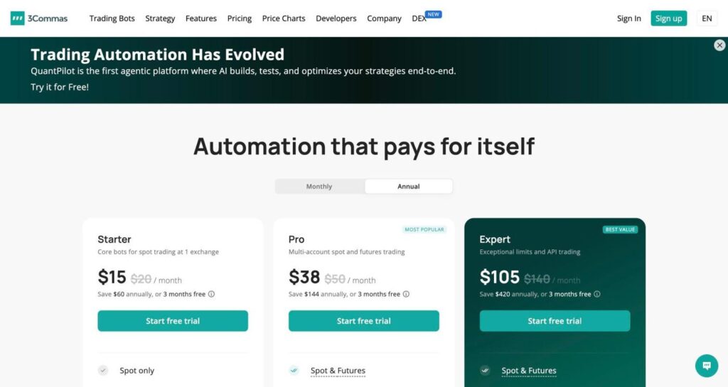 3Commas, Pionex ou Cryptohopper : quel bot crypto choisir en 2026 ? Tarifs 3Commas 2026 : Starter 15 $, Pro 38 $, Expert 105 $ par mois