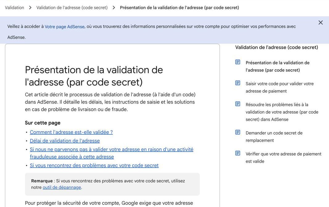 Google AdSense en Côte d'Ivoire : conditions, revenus et paiement Page d'aide Google AdSense expliquant la validation de l'adresse par code PIN