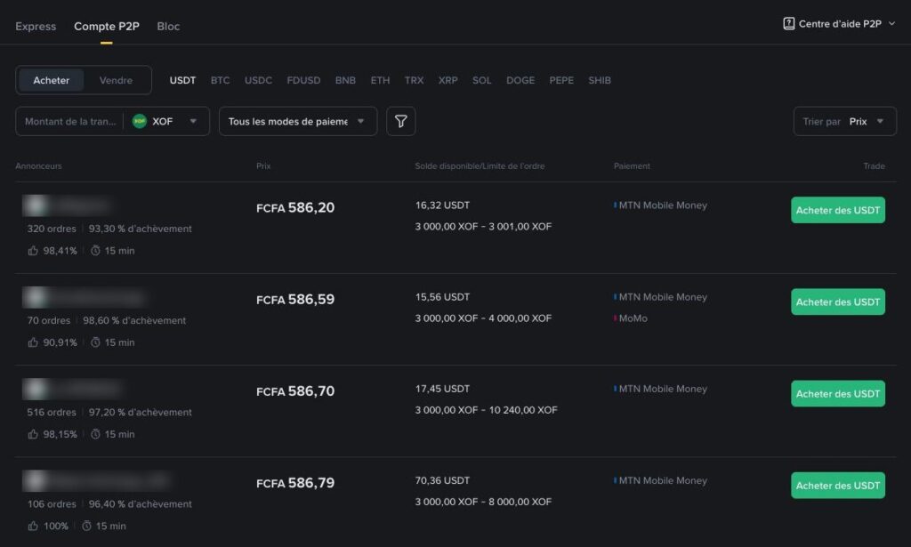 Annonces P2P Binance en XOF avec Mobile Money Annonces P2P Binance en XOF avec Mobile Money