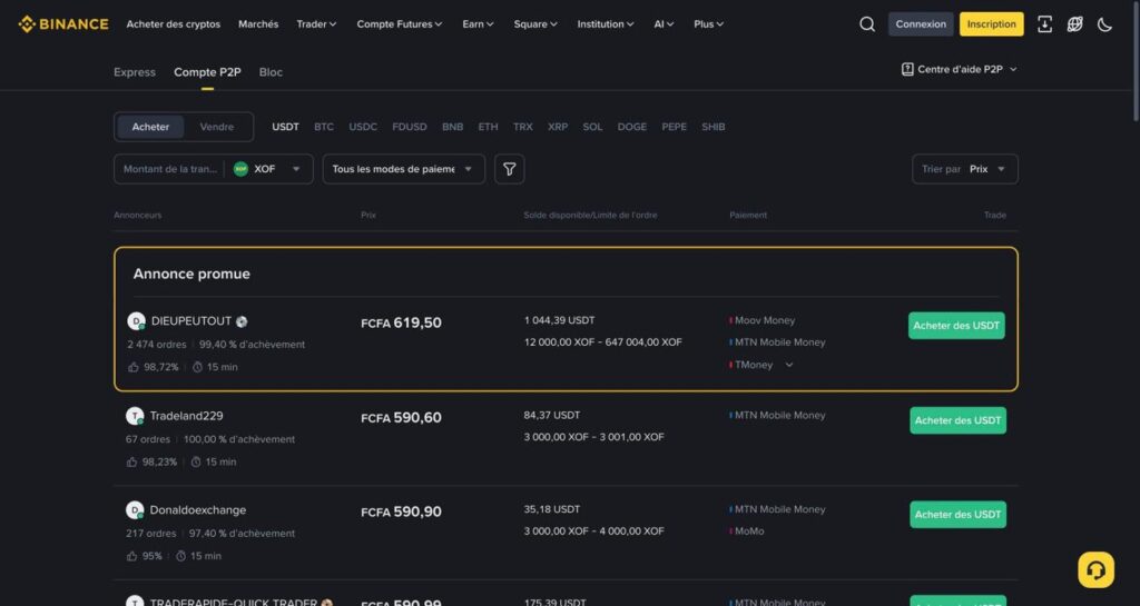 Prix de l’USDT en FCFA : comment le calculer et où l’acheter au meilleur taux Binance P2P : prix d’achat de l’USDT en FCFA