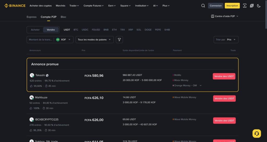 Vendre ses USDT contre Wave ou Orange Money : guide étape par étape Binance P2P : vendre des USDT en XOF via Wave, Orange Money et MoMo