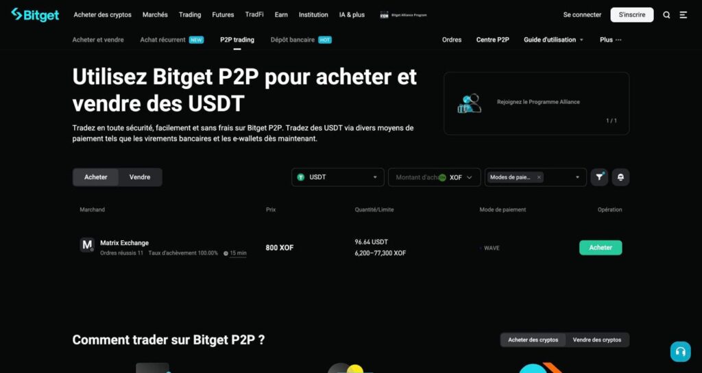 Bitget avis 2026 : inscription, P2P en FCFA et frais Bitget P2P : achat d’USDT en XOF via Wave à 800 XOF