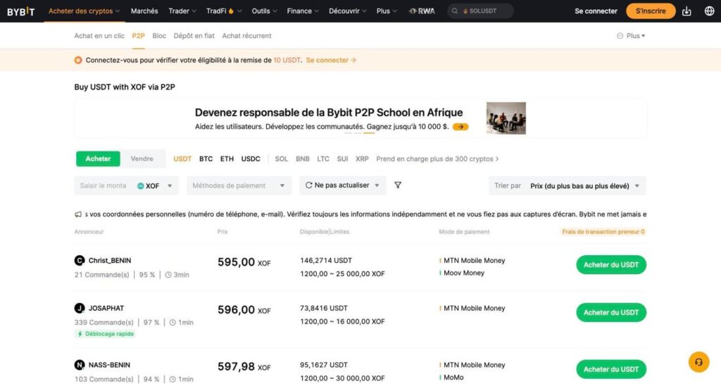 Bybit avis 2026 : est-ce une bonne alternative à Binance en Afrique ? Bybit P2P : offres USDT en XOF via MTN Mobile Money et Moov Money