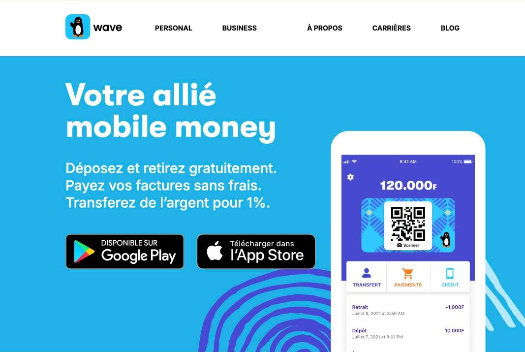 Payer ses pubs Facebook avec Mobile Money depuis l'Afrique Page d'accueil de Wave, application de Mobile Money