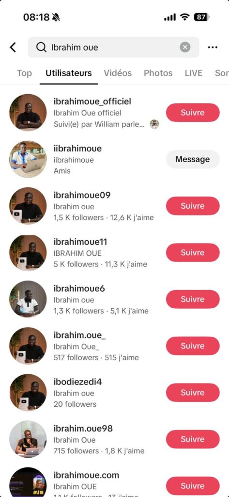 Clipping : comment être payé pour les vues de tes vidéos courtes depuis l'Afrique Recherche TikTok « Ibrahim Oue » : dizaines de comptes de clips du même créateur