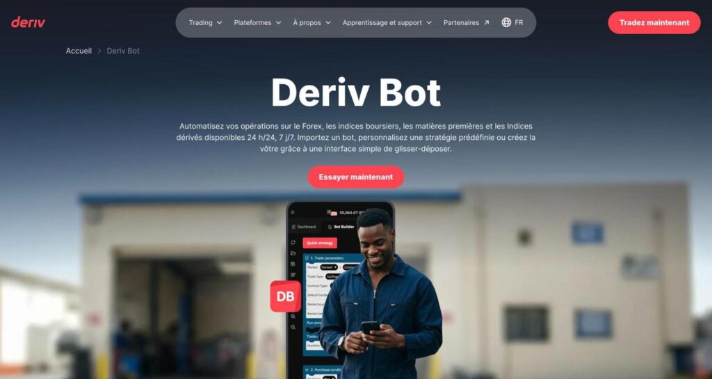Deriv DBot : créer un robot sur les indices synthétiques (guide 2026) Page officielle Deriv Bot : créer un robot par glisser-déposer