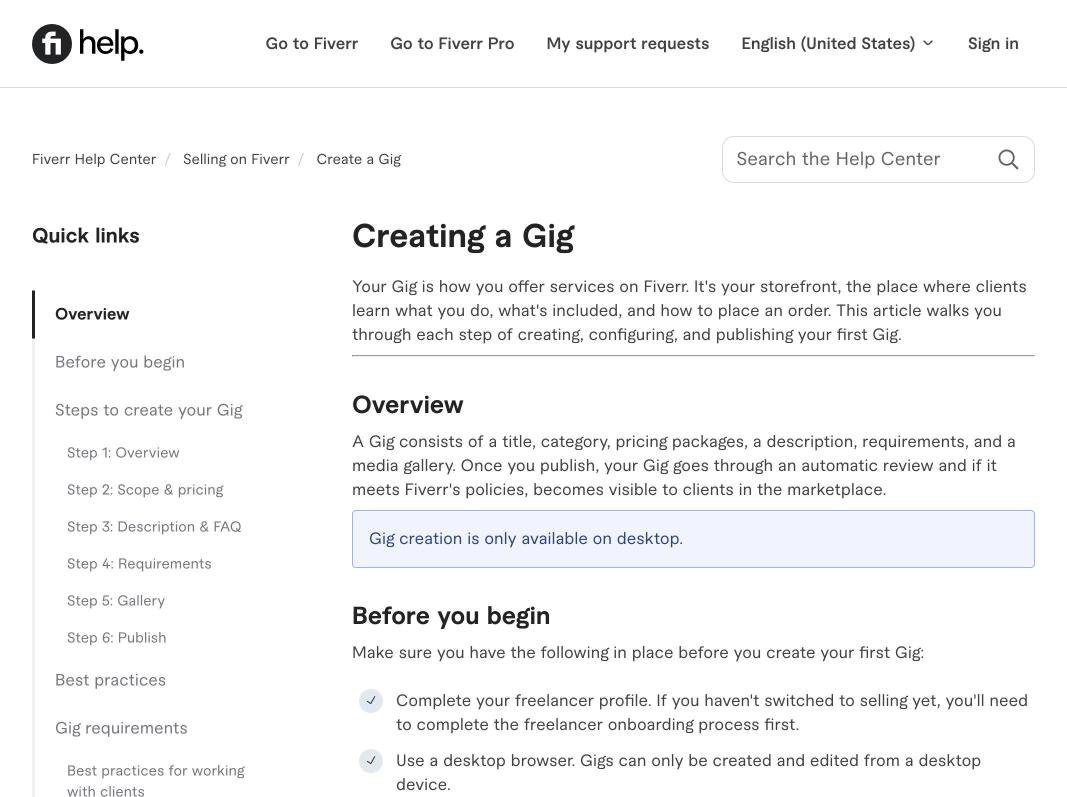 Fiverr depuis l'Afrique : créer un profil qui décroche des commandes Page d'aide Fiverr sur la création d'un Gig avec forfaits et galerie