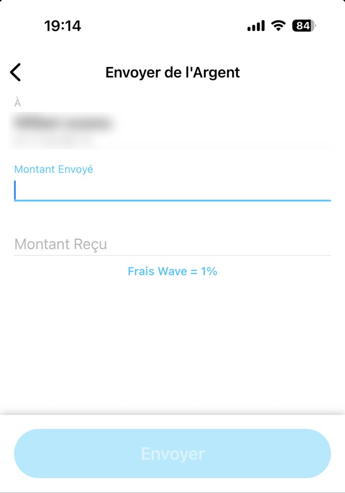 Wave, Orange Money, MTN ou Moov : lequel est le moins cher en 2026 ? Écran d’envoi d’argent Wave affichant Frais Wave = 1 %