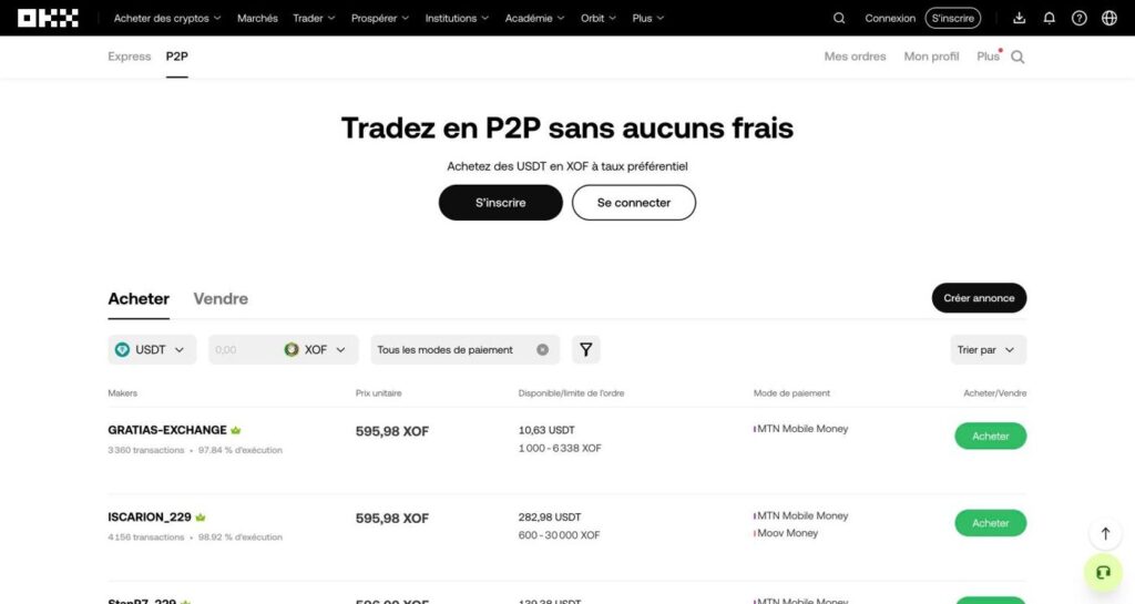 OKX avis 2026 : inscription, P2P et retrait Mobile Money OKX P2P : acheter des USDT en XOF via MTN Mobile Money