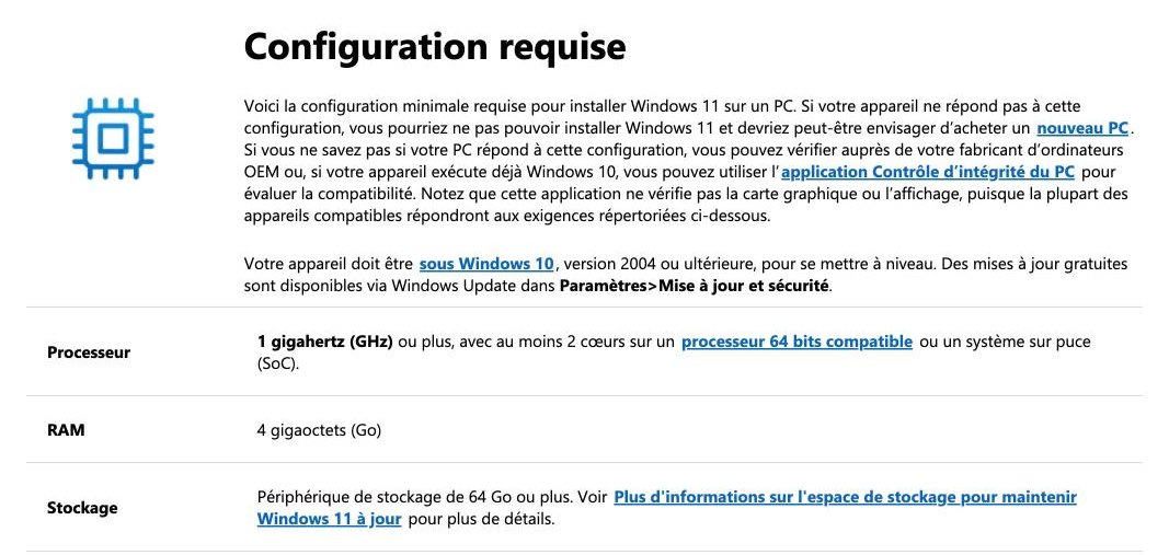 Configuration minimale requise pour Windows 11 selon Microsoft