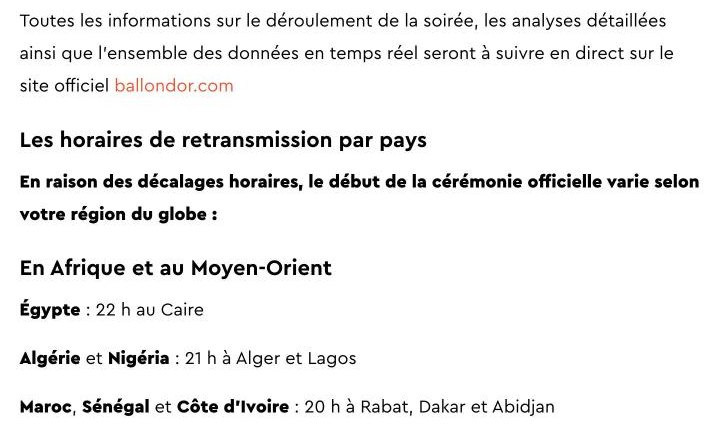 Horaires officiels de la cérémonie du Ballon d'Or 2026 en Afrique : 20 h à Dakar et Abidjan, 21 h à Alger et Lagos (ballondor.com)