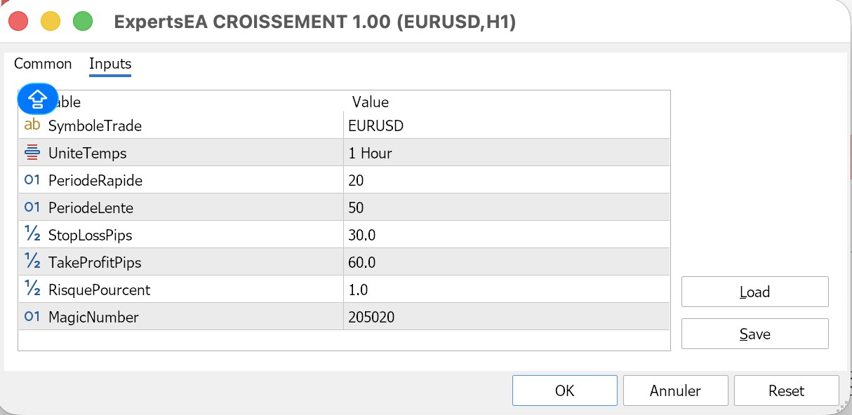 Robot de trading Forex MT5 : comment l’installer et le tester sans risque Paramètres de l’Expert Advisor EA Croisement dans MetaTrader 5 : EURUSD H1, moyennes mobiles 20/50, SL 30, TP 60, risque 1 %