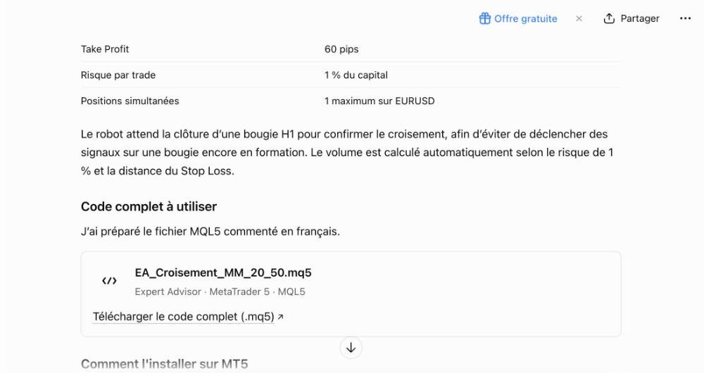 Créer un robot de trading avec ChatGPT : c’est possible ? (test réel) ChatGPT fournit un fichier EA_Croisement_MM_20_50.mq5