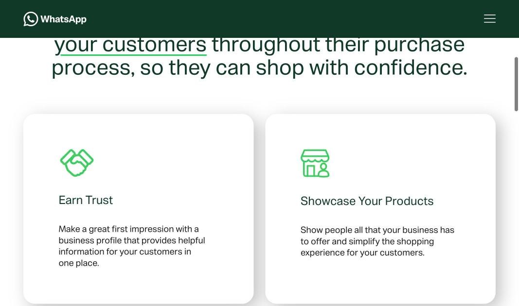Page officielle de l'application WhatsApp Business : profil professionnel et vitrine de produits (catalogue)